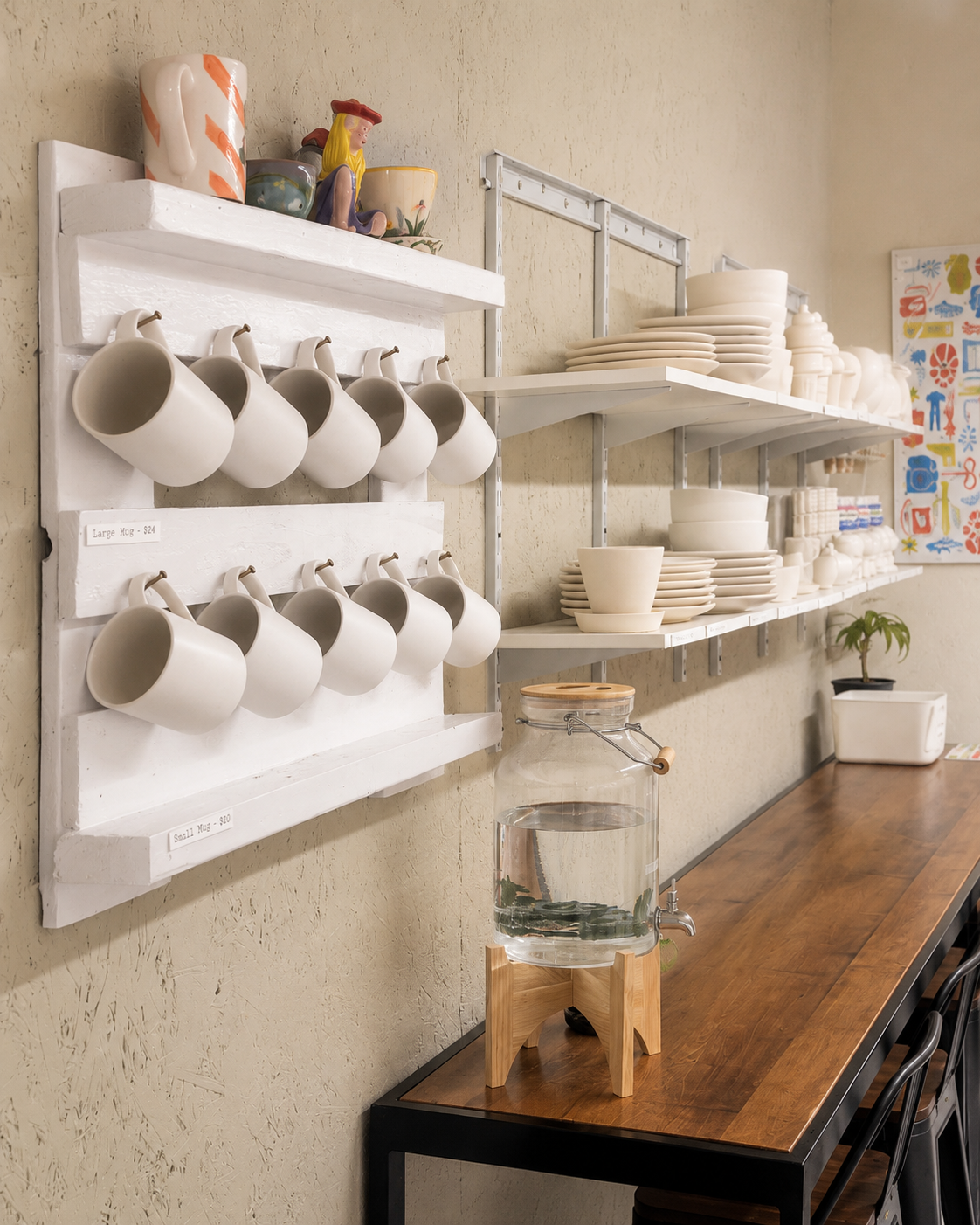 White wall shelves displaying handmade mugs, bowls, and plates above a wooden counter